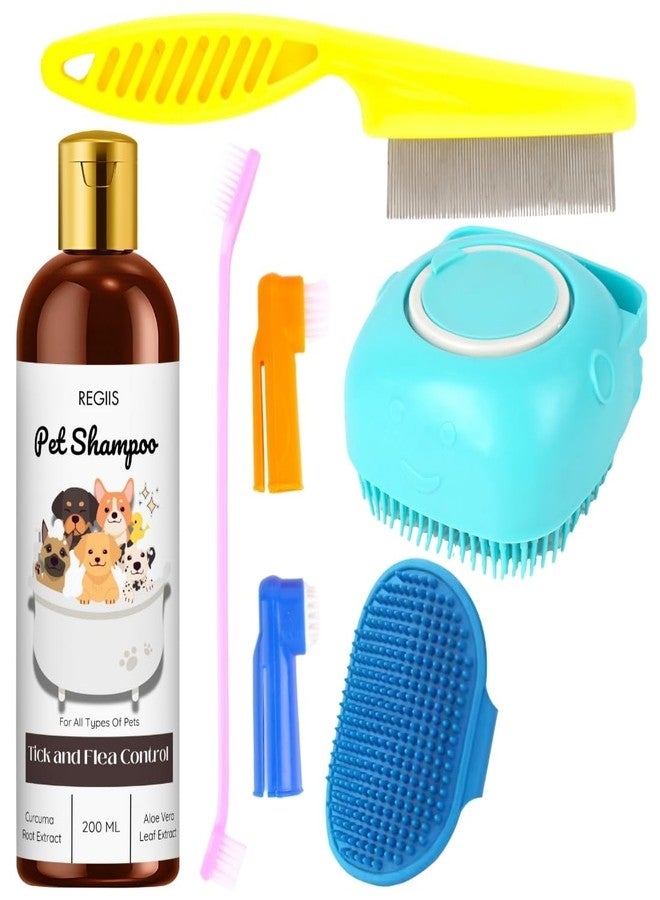 مجموعة ريجيس للعناية بالحيوانات الأليفة مع شامبو لمكافحة القراد والبراغيث، 200 مل، فرش متعددة الألوان للكلاب، أمشاط، أدوات تنظيف لجميع أنواع الحيوانات الأليفة (عبوة من 5 قطع) - Image 1